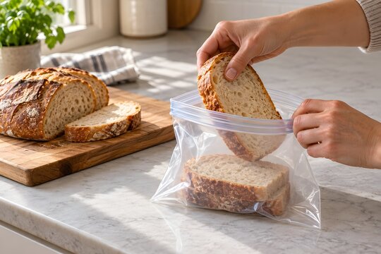Hands Packing Sliced Bread into a Resealable Storage Bag