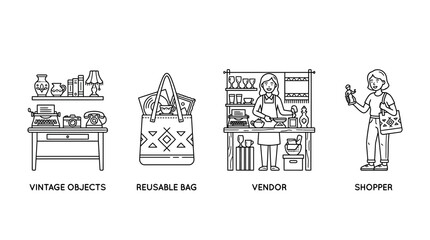 Obraz premium Vintage Objects, Reusable Bag, Vendor & Shopper - Line Art Icons