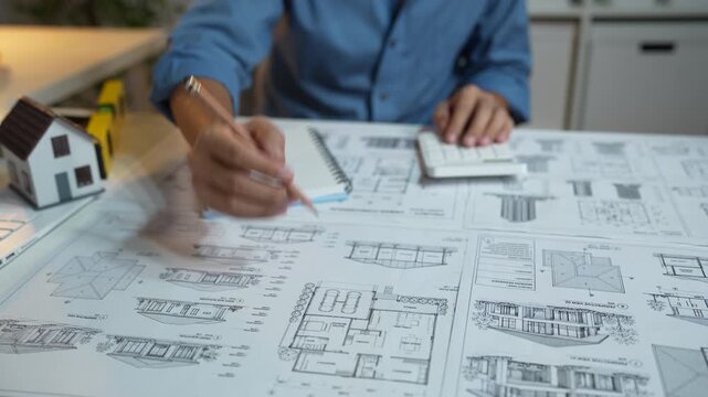 An architect drafts a residential floor plan at a desk with a miniature house model, blueprints, and design tools in a modern workspace.