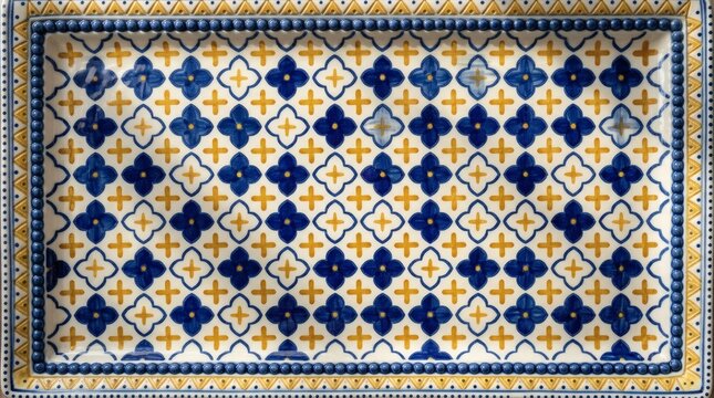 Blue and yellow floral geometric pattern on ceramic plate