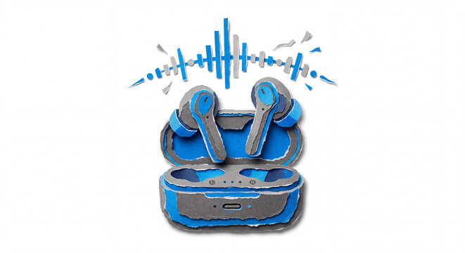 AI Earbuds Ripped Paper Craft Illustration Isolated on White Background, Torn Paper Collage Technology Concept Design