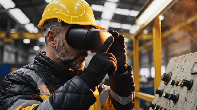 Worker checks control panel in factory wearing hardhat. Industrial worker inspects panel with safety equipment. Factory worker examines control system. Hardhat worker at industrial panel checking