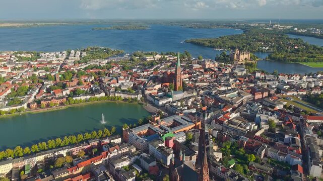 High angle Drone Point of View on Schwerin, capital and second-largest city of the northeastern German state of Mecklenburg-Vorpommern, flying sideways from left to right