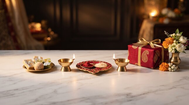 Bhai dooj festive arrangement featuring thali with kumkum rice diya gift box and indian sweets.
