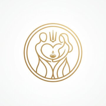 Linear golden emblem featuring couple embracing heart shape and diya for marriage ceremony.