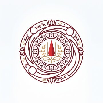 Minimalist circular line art mandala with tilak symbol and lotus petals in maroon and gold.