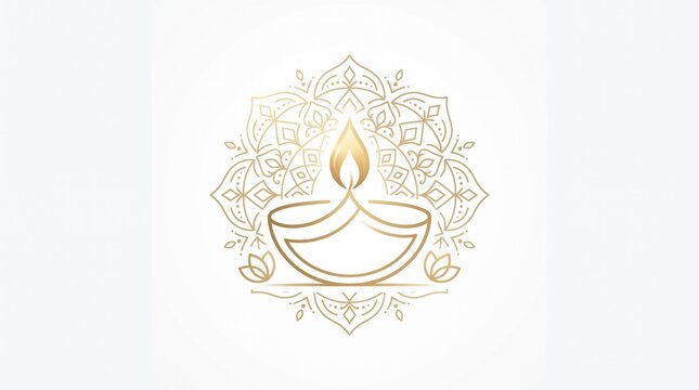 Minimalist gold line art diya symbol with mandala background for elegant festival branding.
