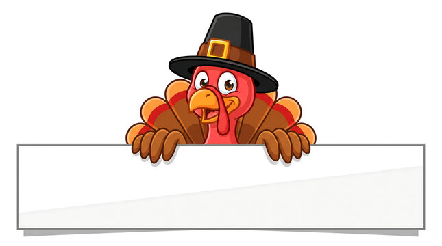 A cheerful cartoon turkey peeks over a blank banner perfect for a thanksgiving day greeting