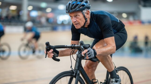 senior recreational cycling park Cyclist wearing helmet races intensely on indoor velodrome track.