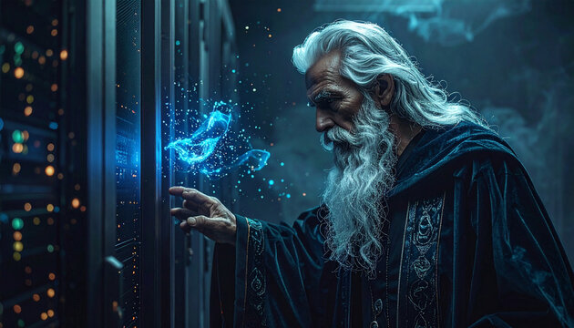 Mystic Server Guardian: An aged wizard with a flowing white beard and robes touches a glowing magical interface amidst a futuristic server room.