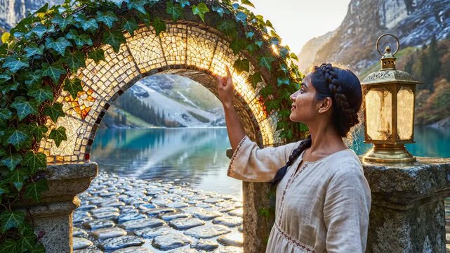 Woman touches magical portal in stone archway revealing waterfall world. Fantasy gateway with lantern shows portal to hidden realm. Woman reaches through archway portal to mystical waterfall beyond.
