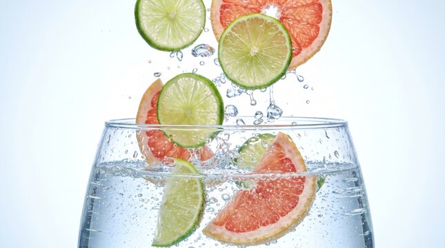 Fresh lime and grapefruit slices falling into a glass of sparkling water with bubbles.