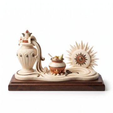 Traditional Indian harvest festival sculpture features cream marble pot and ornate water urn.