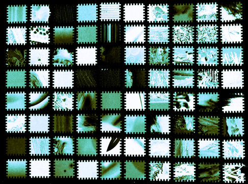 Abstract postage stamp pattern featuring rows of irregular perforated rectangles in bright cyan, icy blue, mint green, and turquoise against a deep black background. 