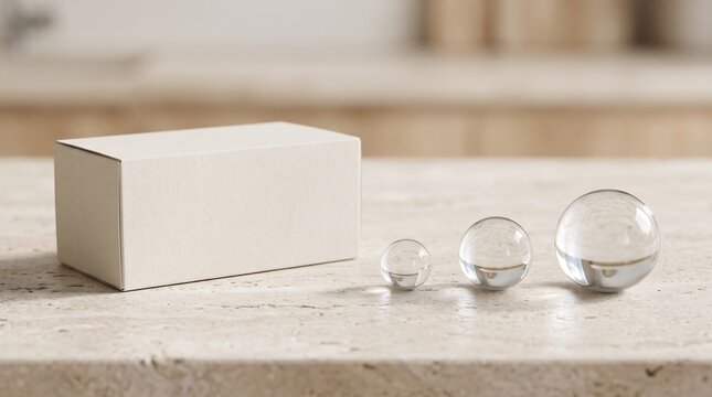 A blank paper box and glass spheres on a counter representing feedback and review concepts in business design