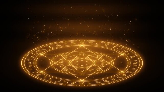 Seamless looping 4K glowing golden magic circle with rotating runes, light pillar and rising sparks on black, fantasy RPG game summoning effect