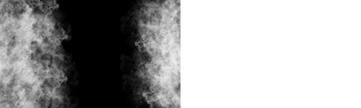White cloud smoke border frame isolated on black background for graphic overlays.