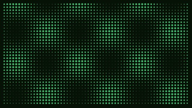 A dark background, featuring a grid, of green dots, that vary in, size, creating a, rhythmic, halftone-like pattern, with a subtle, glowing light effect