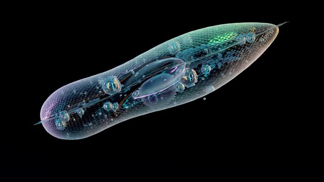 Clear, colored paramecium mockup moves using cilia. 3d animation isolated on black