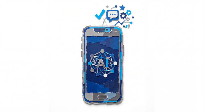 AI Smartphone Ripped Paper Craft Illustration Isolated on White Background, Torn Paper Collage Technology Concept Design