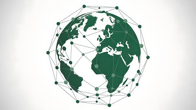 Abstract green digital globe constructed from connected dots and lines showing a futuristic network structure rendered on transparent background