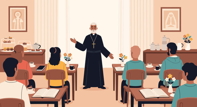 A welcoming priest leading a religious education class with students seated at desks