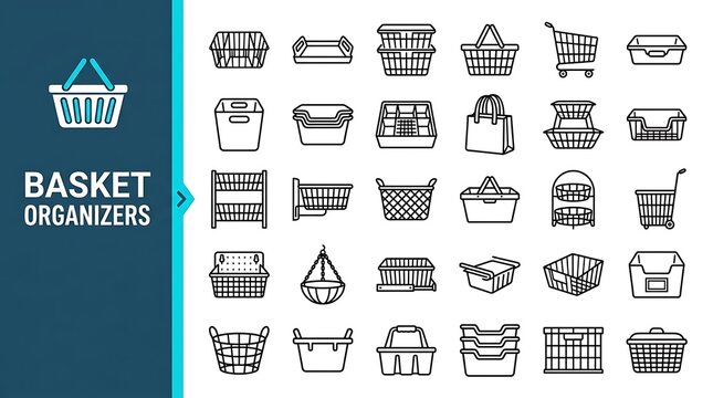 Collection of various basket organizers and storage containers flat illustration