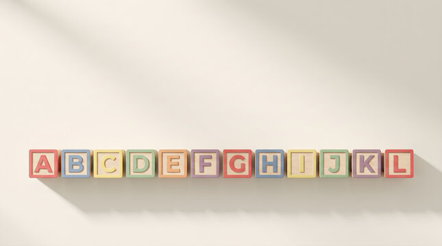 Educational wooden abcd blocks lined up on a neutral beige background for early childhood learning concept