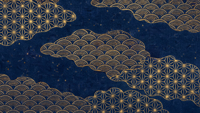 Traditional Japanese seigaiha wave and asanoha patterns in gold forming clouds on a navy blue background