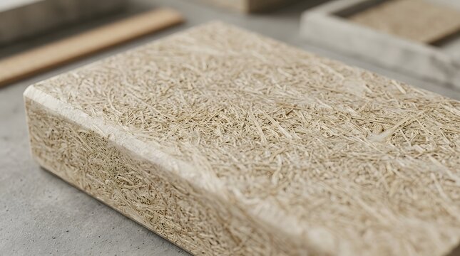 Rectangular block composed of pressed plant based material  showcasing fibrous texture and layered construction details in neutral tones