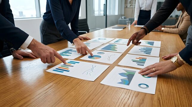 A group of individuals is focused on analyzing multiple printed statistical charts laid out across a polished wooden conference table  using their fingers to indicate key areas of interest