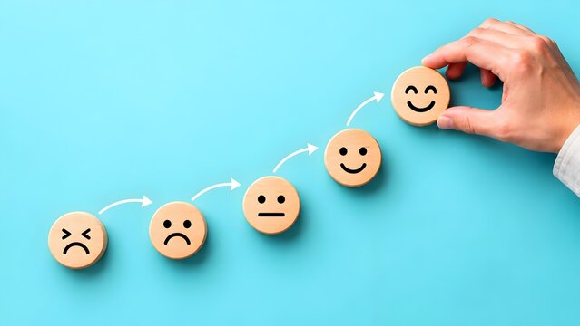 Hand placing happy face wooden block in a rising sequence illustrating customer satisfaction journey and positive feedback loop