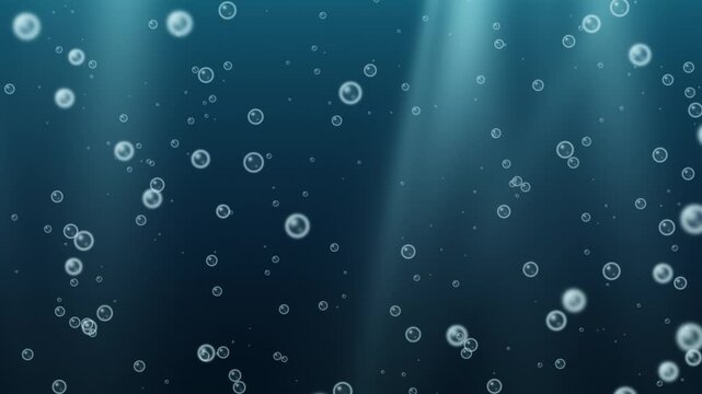 Seamless looping 4K underwater bubbles rising through deep blue teal ocean water with soft sun rays