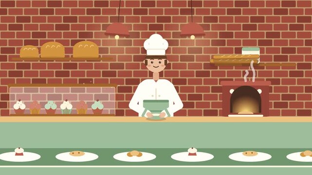 Animated flat illustration of a baker in a brick bakery kitchen serving fresh bread and pastries on a counter.