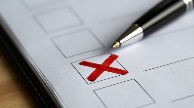 Elegant photo of A red X mark is drawn in a checkbox on a white paper with a pen. This image represents decision making and business evaluation concepts.