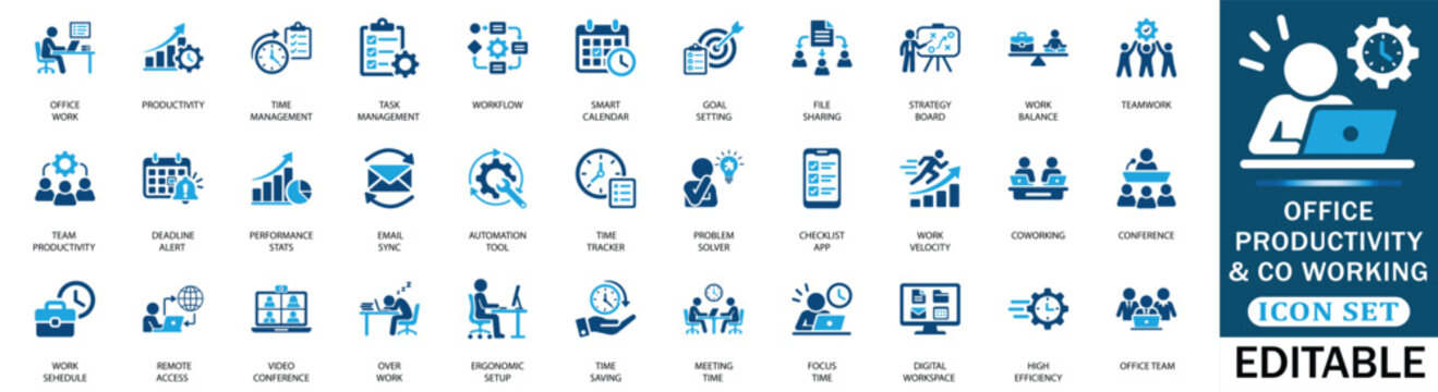Office productivity and co working solid icon set featuring time management, teamwork, remote work, project planning, workflow automation, and business management icons.