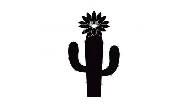 Animated black cactus silhouette blossoming with blooming white flower in motion clip