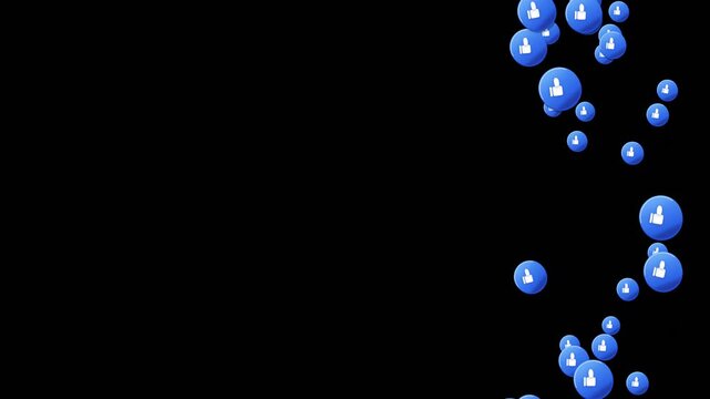 Blue social media like icons floating upwards on a black background. 4K
