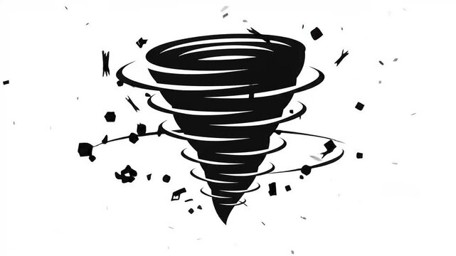 Animated black tornado spinning rapidly with flying debris in minimalist white background video footage