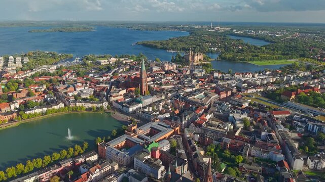 High angle Drone Point of View on Schwerin, capital and second-largest city of the northeastern German state of Mecklenburg-Vorpommern, flying forwards