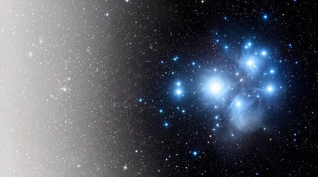 A Comparison Splitscreen Composition of a Bright Star Cluster in Deep Space, Showing Contrast Between Monochrome and Vibrant Blue Reflection Nebula Starlight in the Universe