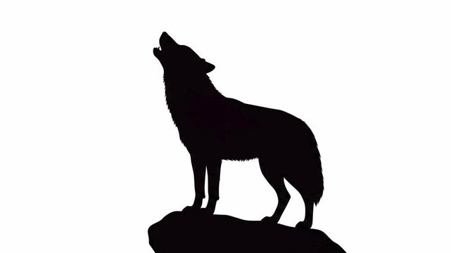 Black silhouette of wild wolf howling on rock formation in animation clip motion footage