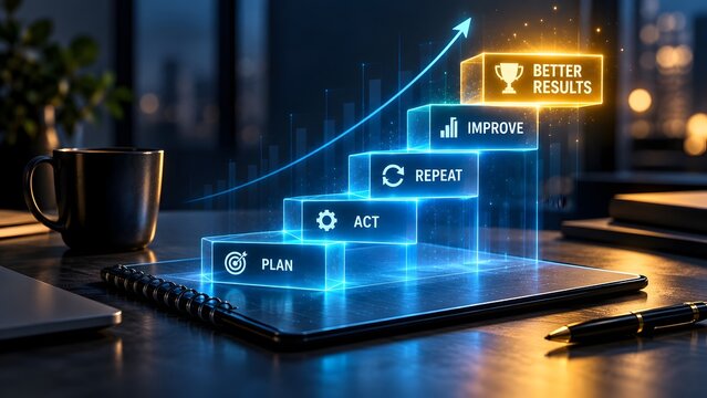 3D glowing business strategy stairs concept from plan to better results with upward arrow representing corporate growth and success