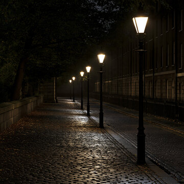 Elegant photo of Row of glowing vintage street lamps illuminating a dark, misty cobblestone pathway at night. Perfect background for mystery, travel, or urban atmosphere concepts.