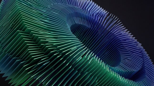 Complex 3D Abstract Geometry with Green and Blue Gradient, Parametric Layered Sculptural Design, Artistic Flowing Lines and Modern Digital Pattern for Background and Creative Concepts