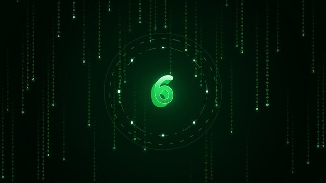 Green digital countdown timer with matrix code effect on black. 4K