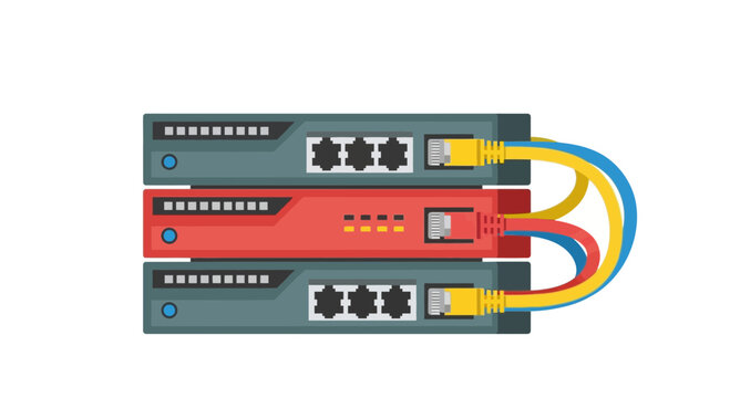 Flat Network Switch Stack with Ethernet Cables Illustration, Data Center Server Hardware and Internet Infrastructure Concept