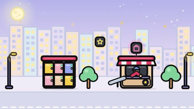 Flat Vector Animation Of A Drive Through Shopping Concept Featuring A City Street Scene With A Car Collecting A Package For Consumer Convenience