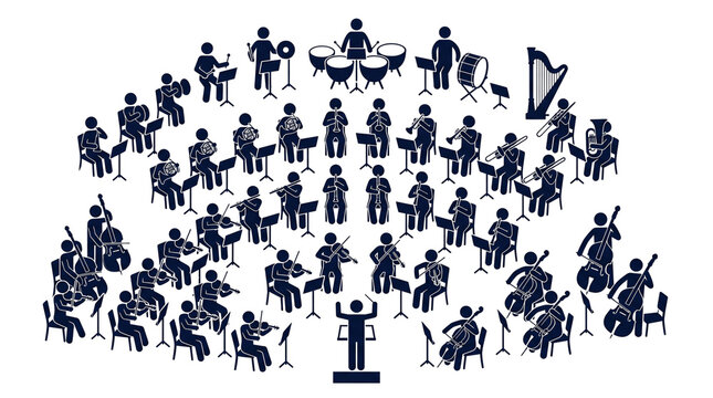 Symphony orchestra pictograms silhouette, classical music musicians vector icon set, dark blue performance concert band, conductor and instrumentalists graphic
