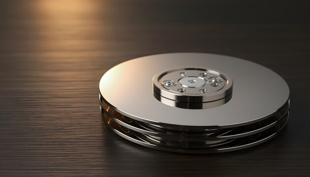 Stacked magnetic hard drive platters with reflective metallic surfaces. 